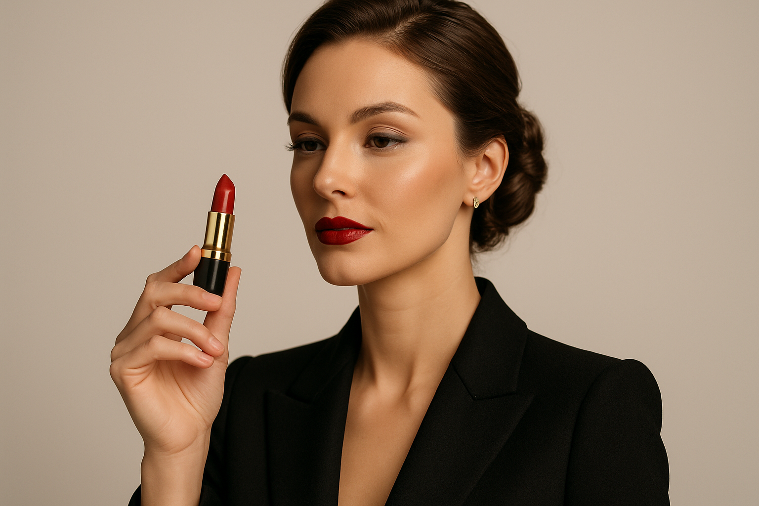 woman model holding a lipstick classy looking. 